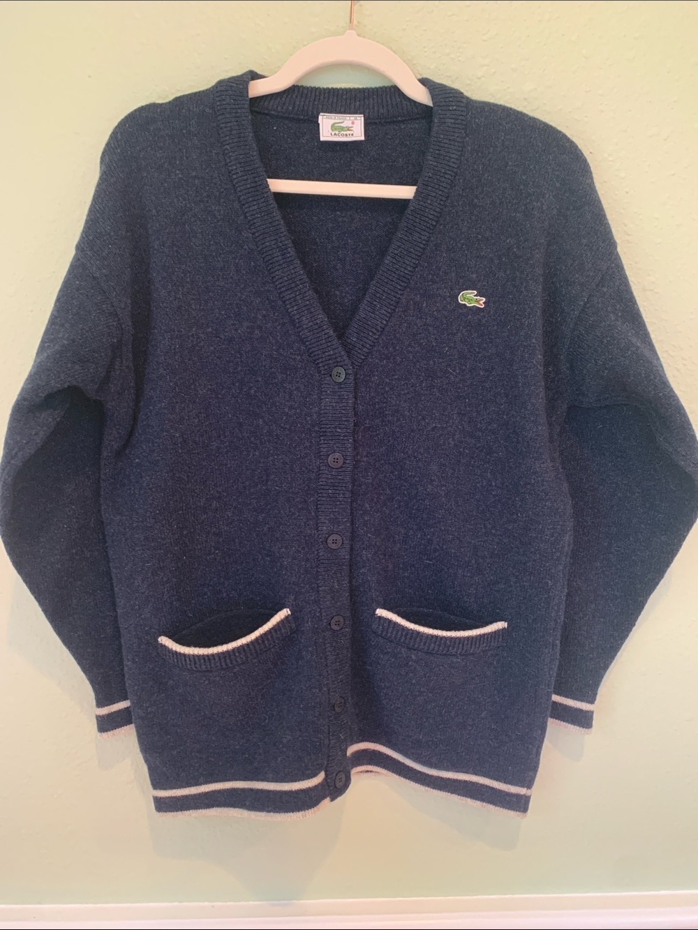 Vintage Chemise Lacoste France Pure New Wool Cardigan Trimmed Blue 38 Small
